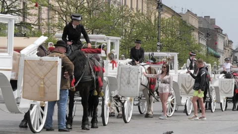 Hose Carriage queue n Rynek Square,Krakow,Poland Stock Footage 208866604