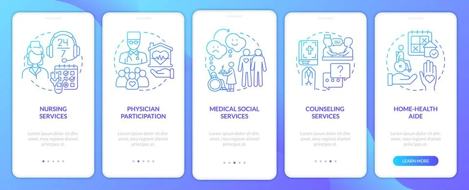 Hospice provided services blue gradient onboarding mobile app screen Stock Illustration
