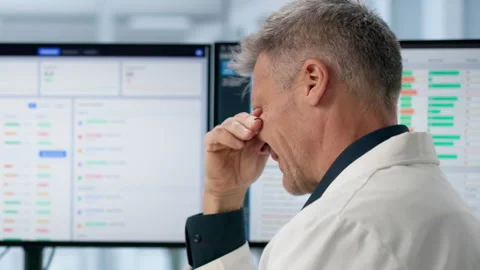 Hospital Administrator Looks Stressed While Reviewing Spreadsheets Stock Footage 336367701