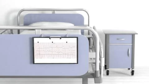 Hospital bed and bedside table with focus on patient sheet cardiogram Stock Illustration