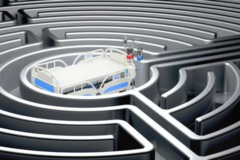 Hospital bed inside labyrinth maze. 3D rendering Stock Illustration