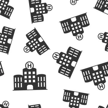 Hospital building icon seamless pattern background. Infirmary vector illustra Illustrazione stock