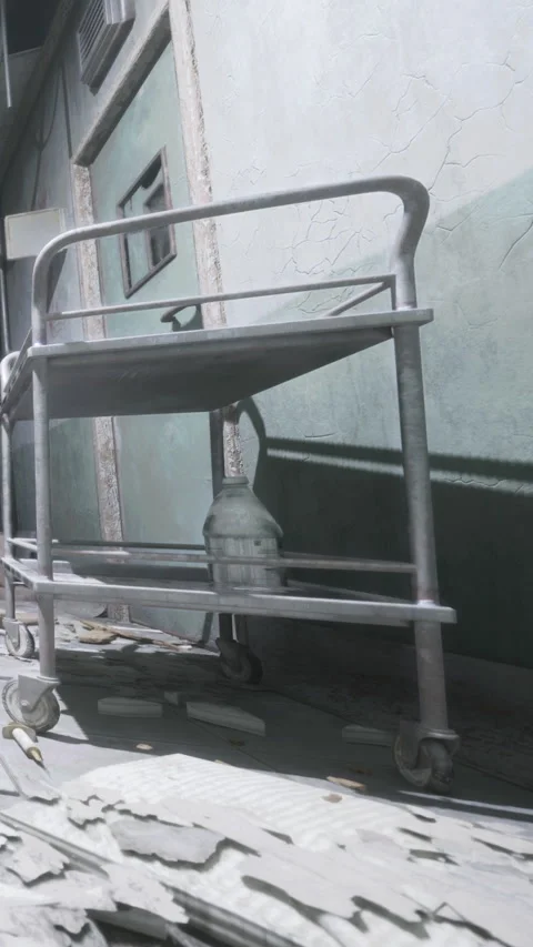Hospital cart in empty hallway with worn floor and wall details Stock Footage 337967905