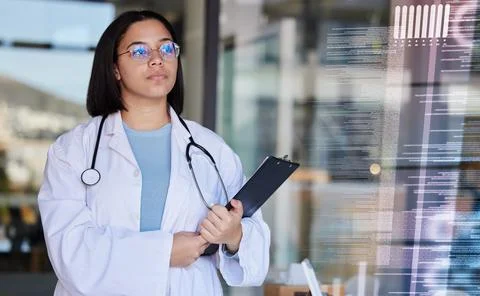 Hospital code graphic, futuristic data and woman healthcare worker with lab Foto stock