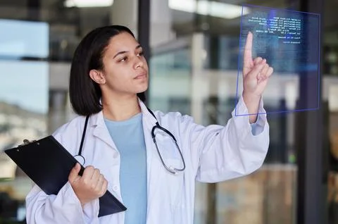 Hospital coding chart, graphic and woman doctor check medical stats and Stock-Fotos