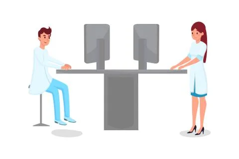 Hospital computerization flat vector illustration. Young male and female doctors Stock Illustration