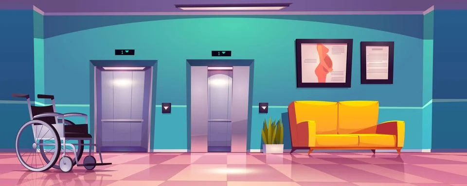 Hospital corridor with elevator and sofa Illustrazione stock