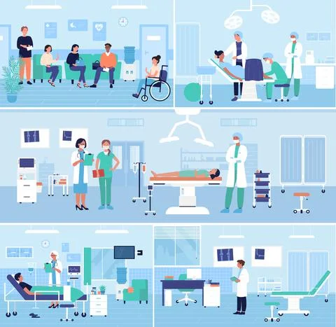 Hospital healthcare medical office set with patients Stock Illustration