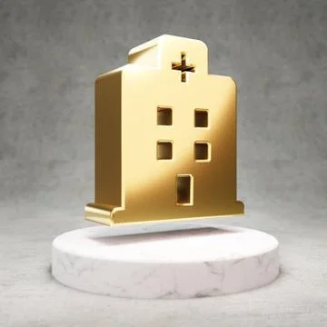 Hospital icon. Shiny golden Hospital symbol on white marble podium. Stock Illustration
