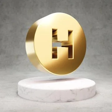 Hospital icon. Shiny golden Hospital symbol on white marble podium. Stock Illustration