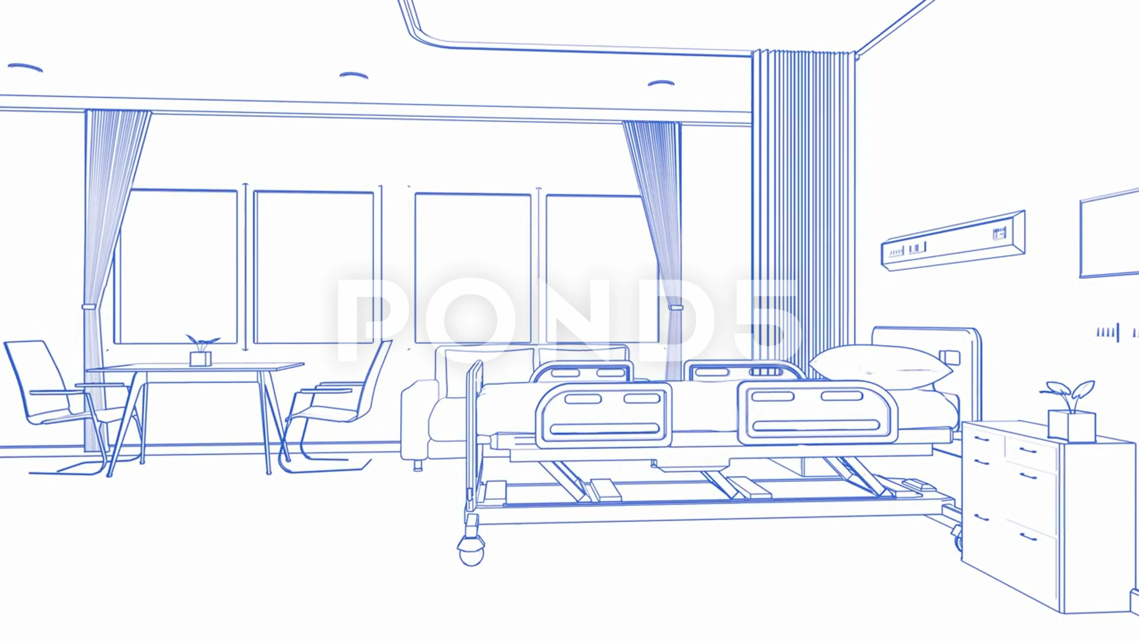 Premium Vector  Single one line drawing hospital room interior with bed  and clinic equipment an empty hospital room concept continuous line draw  design graphic vector illustration