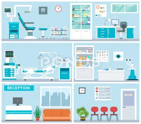 Hospital interior. Empty clinical office indoor. Doctor waiting examination room Stock Illustration