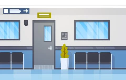 Hospital Interior Empty Hall With Seats And Door Modern Clinic Corridor Stock Illustration