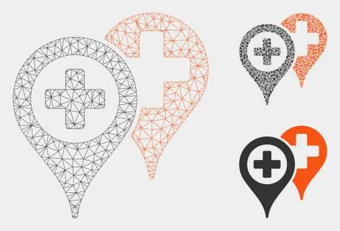 Hospital Map Markers Vector Mesh Carcass Model and Triangle Mosaic Icon Illustrazione stock