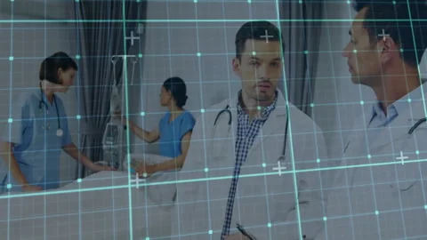Hospital nurse programming IV pump and team checking line bedside, doctors Stock Footage 310151386