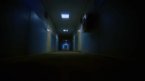 Hospital or Laboratory Corridor Point of View of Walking Down Ominous Scary Stock Footage