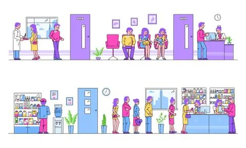 Hospital or pharmacy people queue for treatment healthcare cartoon vector Stock Illustration