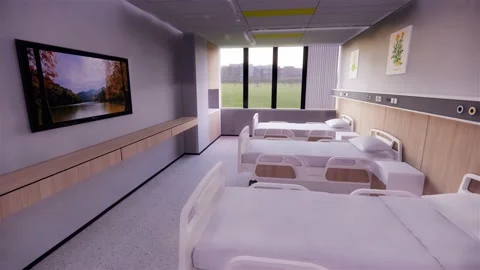 Hospital room Interior 3 beds 1 TV 4K video Stock Footage