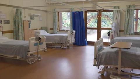 A hospital room with three beds and a table Stock Footage 301622453