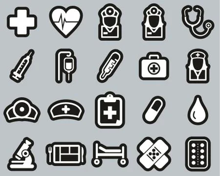 Hospital Staff & Equipment Icons White On Black Sticker Set Big Stock Illustration