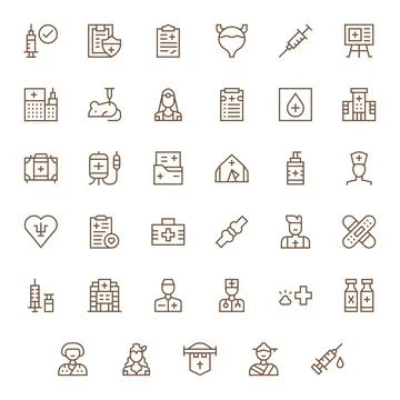 Hospital Vector Graphics featuring 35 Regular Line Pixel Optimized 128x128 .. Stock Illustration