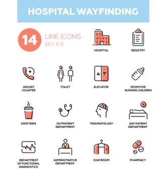 Hospital wayfinding - Modern simple thin line design icons, pictograms set Stock Illustration