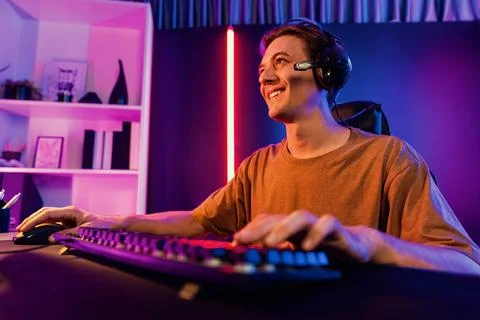 Host channel of smart streamer playing online game to be winner. Pecuniary. Stock Photos