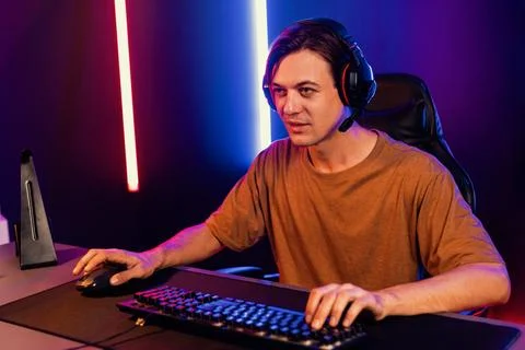 Host channel of smart streamer playing online game to be winner. Pecuniary. Stock Photos