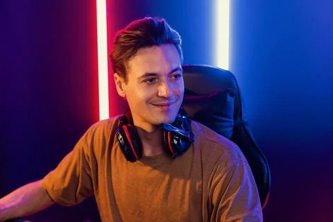 Host channel of smart streamer playing online game to be winner. Pecuniary. Stock Photos