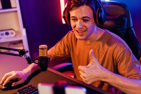 Host channel of smart streamer playing online game to be winner. Pecuniary. Stock Photos
