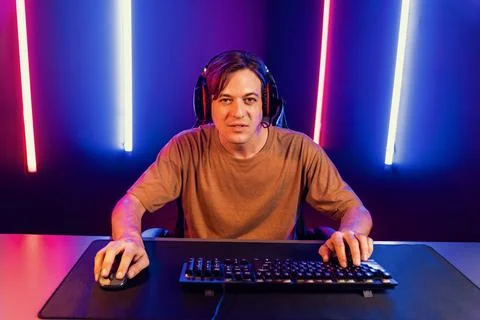 Host channel of smart streamer playing online game to be winner. Pecuniary. Stock Photos
