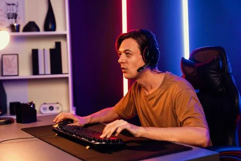 Host channel of smart streamer playing online game to be winner. Pecuniary. Stock Photos
