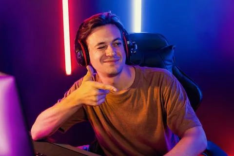 Host channel of smart streamer playing online game to be winner. Pecuniary. Stock Photos