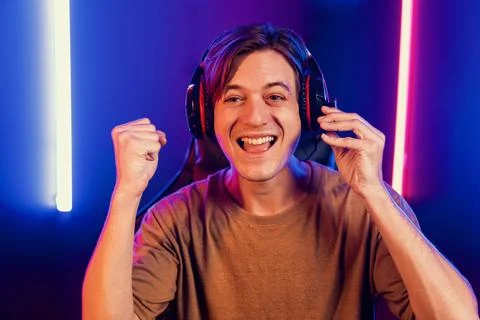 Host channel of smart streamer playing online game to be winner. Pecuniary. Stock Photos