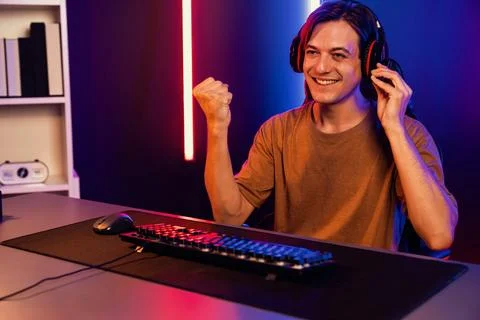 Host channel of smart streamer playing online game to be winner. Pecuniary. Stock Photos