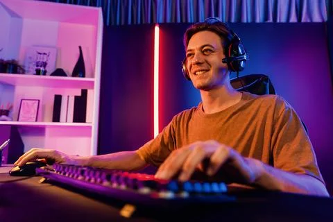 Host channel of smart streamer playing online game to be winner. Pecuniary. Stock Photos
