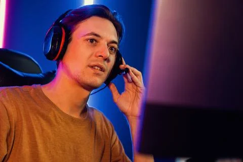 Host channel of smart streamer playing online game to be winner. Pecuniary. Stock Photos
