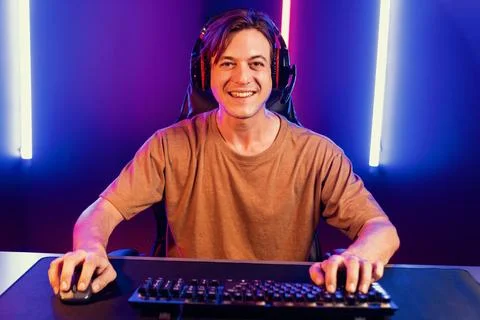 Host channel of smart streamer playing online game to be winner. Pecuniary. Stock Photos