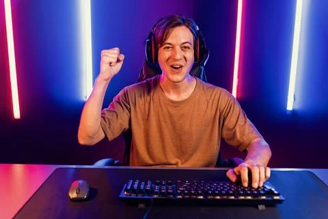 Host channel of smart streamer playing online game to be winner. Pecuniary. Stock Photos