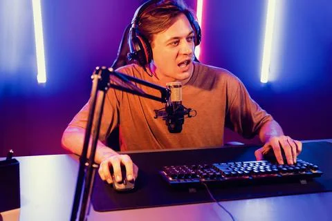 Host channel of smart streamer playing online game to be winner. Pecuniary. Stock Photos