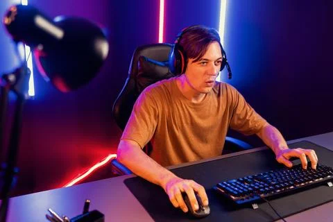 Host channel of smart streamer playing online game to be winner. Pecuniary. Stock Photos