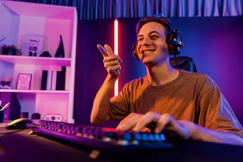 Host channel of smart streamer playing online game to be winner. Pecuniary. Stock Photos
