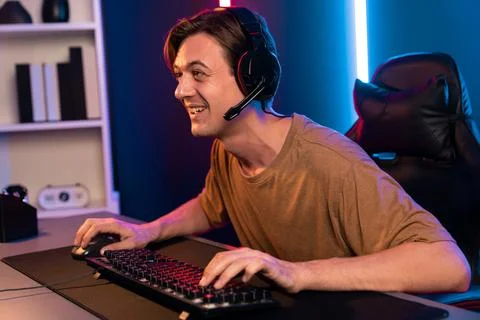 Host channel of smart streamer playing online game to be winner. Pecuniary. Stock Photos