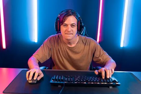 Host channel of smart streamer playing online game to be winner. Pecuniary. Stock Photos