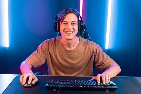 Host channel of smart streamer playing online game to be winner. Pecuniary. Stock Photos