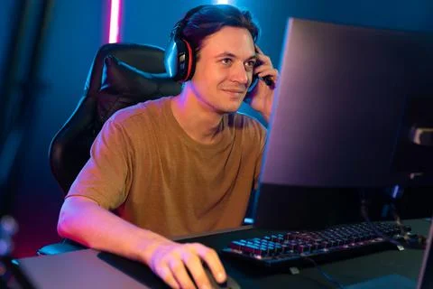 Host channel of smart streamer playing online game to be winner. Pecuniary. Stock Photos