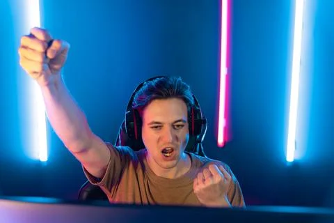 Host channel of smart streamer playing online game to be winner. Pecuniary. Stock Photos