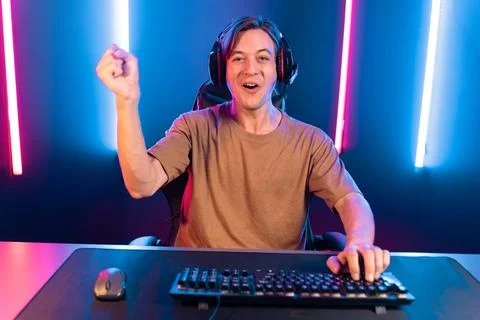 Host channel of smart streamer playing online game to be winner. Pecuniary. Stock Photos