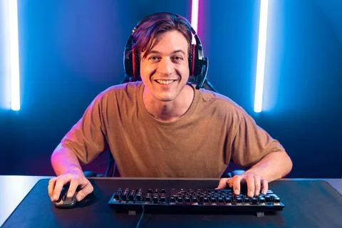 Host channel of smart streamer playing online game to be winner. Pecuniary. Stock Photos