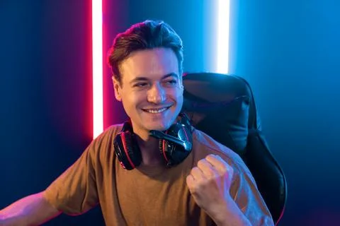 Host channel of smart streamer playing online game to be winner. Pecuniary. Stock Photos